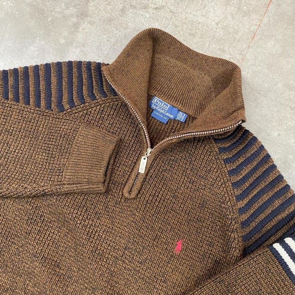 Polo by Ralph Lauren Brown Knit Quarter-Zip Sweater with Navy Stripes